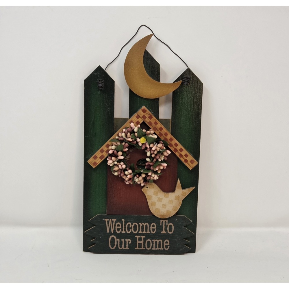 Country Folk Wurks Wood Birdhouse Welcome Sign Green Picket Fence Wall Decor